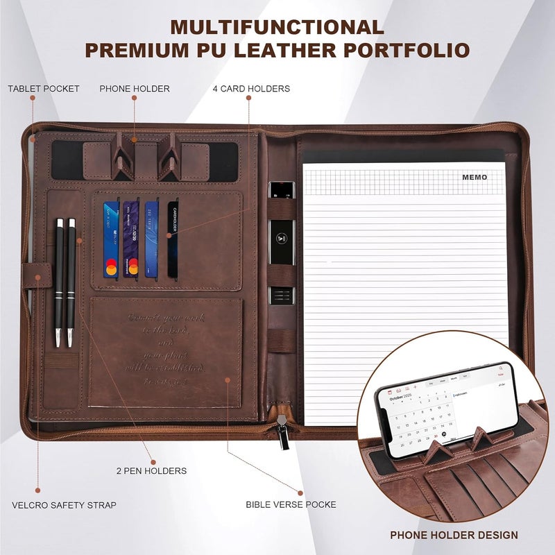SLEVIO TIMER Leather Portfolio for Men, Christian Religious Gifts for Men with Laptop Pocket, Padfolio Binder Folder with Zipper for Women, Business Large Organizer Case for Bible Notebook Notepad Phone (Brown) - Image 2